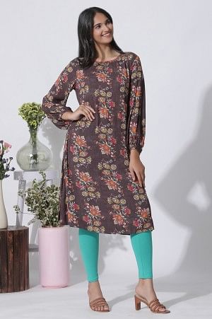 Dark Brown Floral Printed Straight Kurta - XS