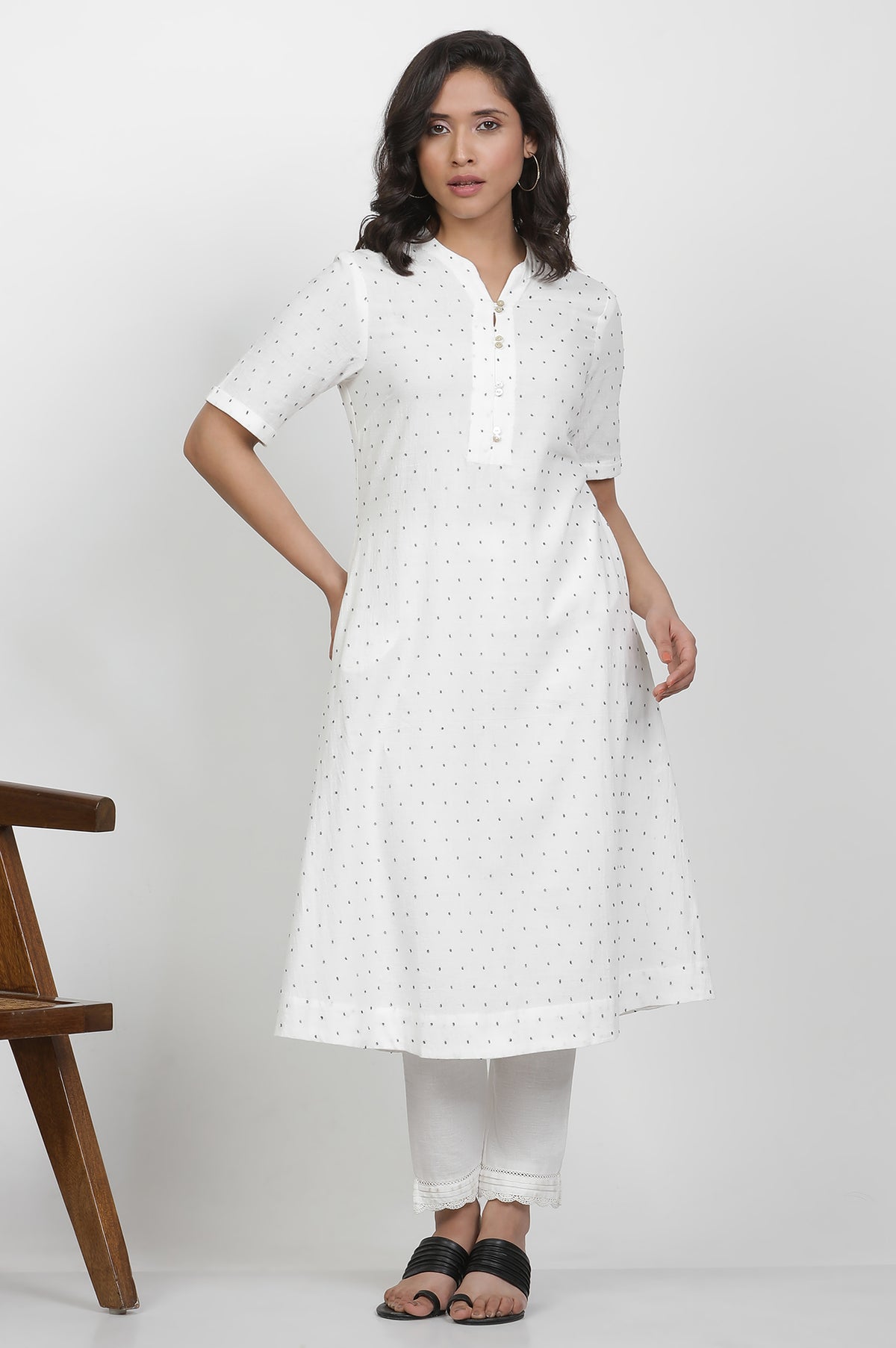 White A-Line Swiss Dot Cotton Kurta - XS