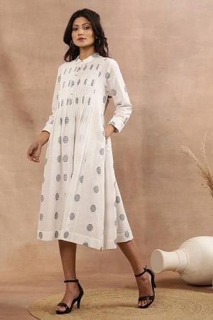 White Yarn Dyed Polka Dot Cotton Flared Dress