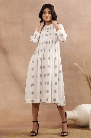 White Yarn Dyed Polka Dot Cotton Flared Dress