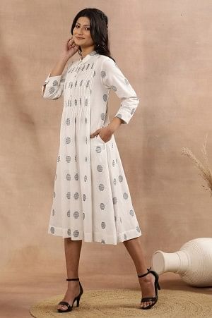 White Yarn Dyed Polka Dot Cotton Flared Dress