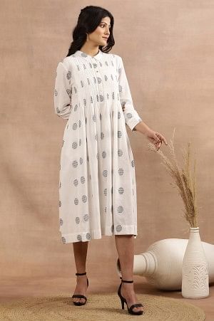 White Yarn Dyed Polka Dot Cotton Flared Dress