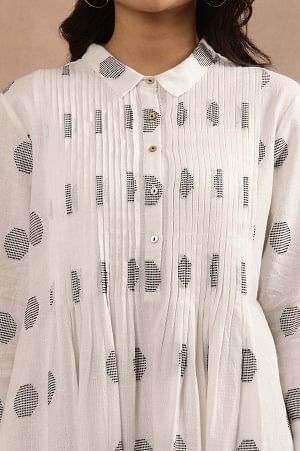 White Yarn Dyed Polka Dot Cotton Flared Dress