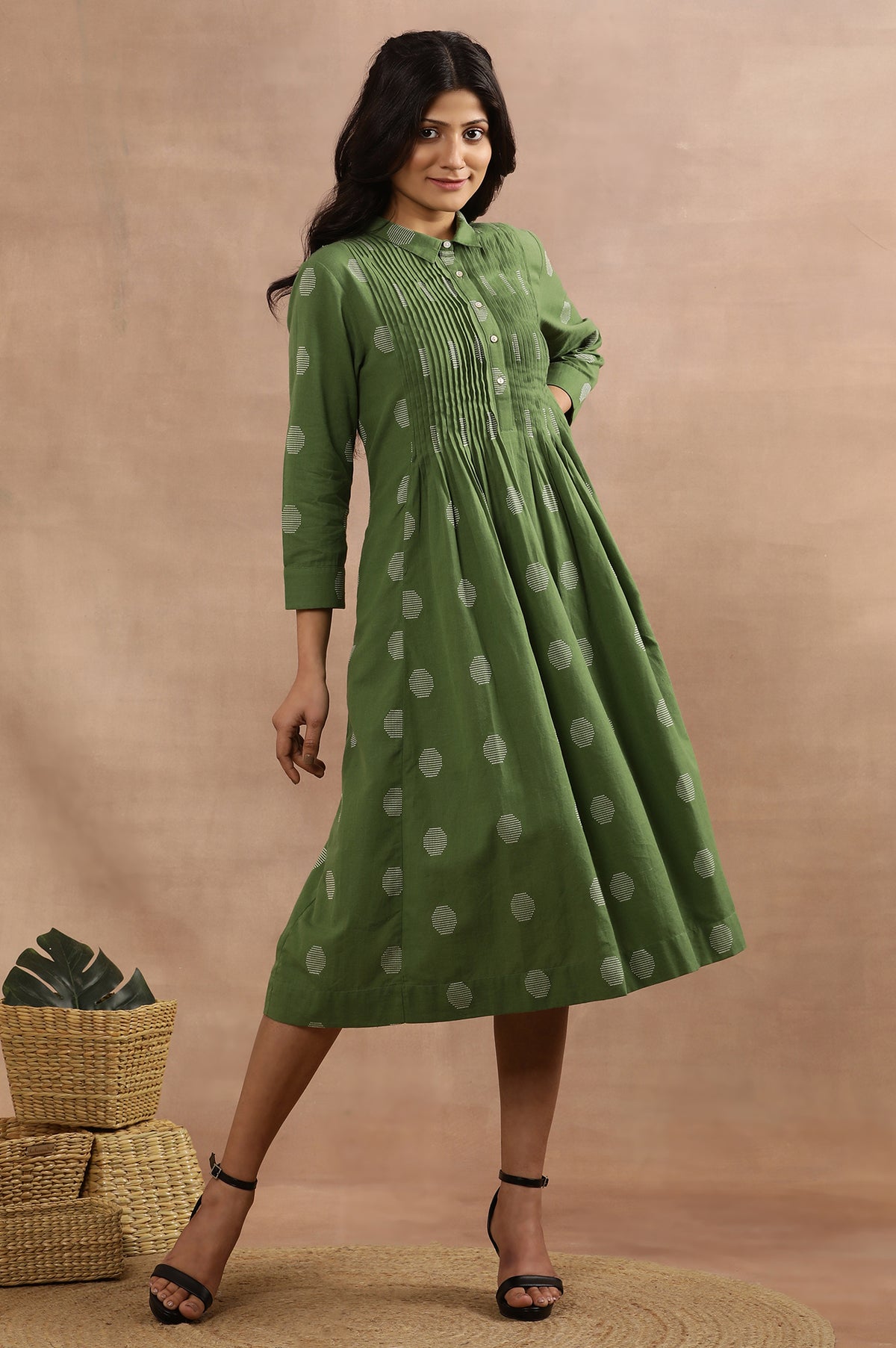 Ge Green Yarn Dyed Polka Dot Dress - XS