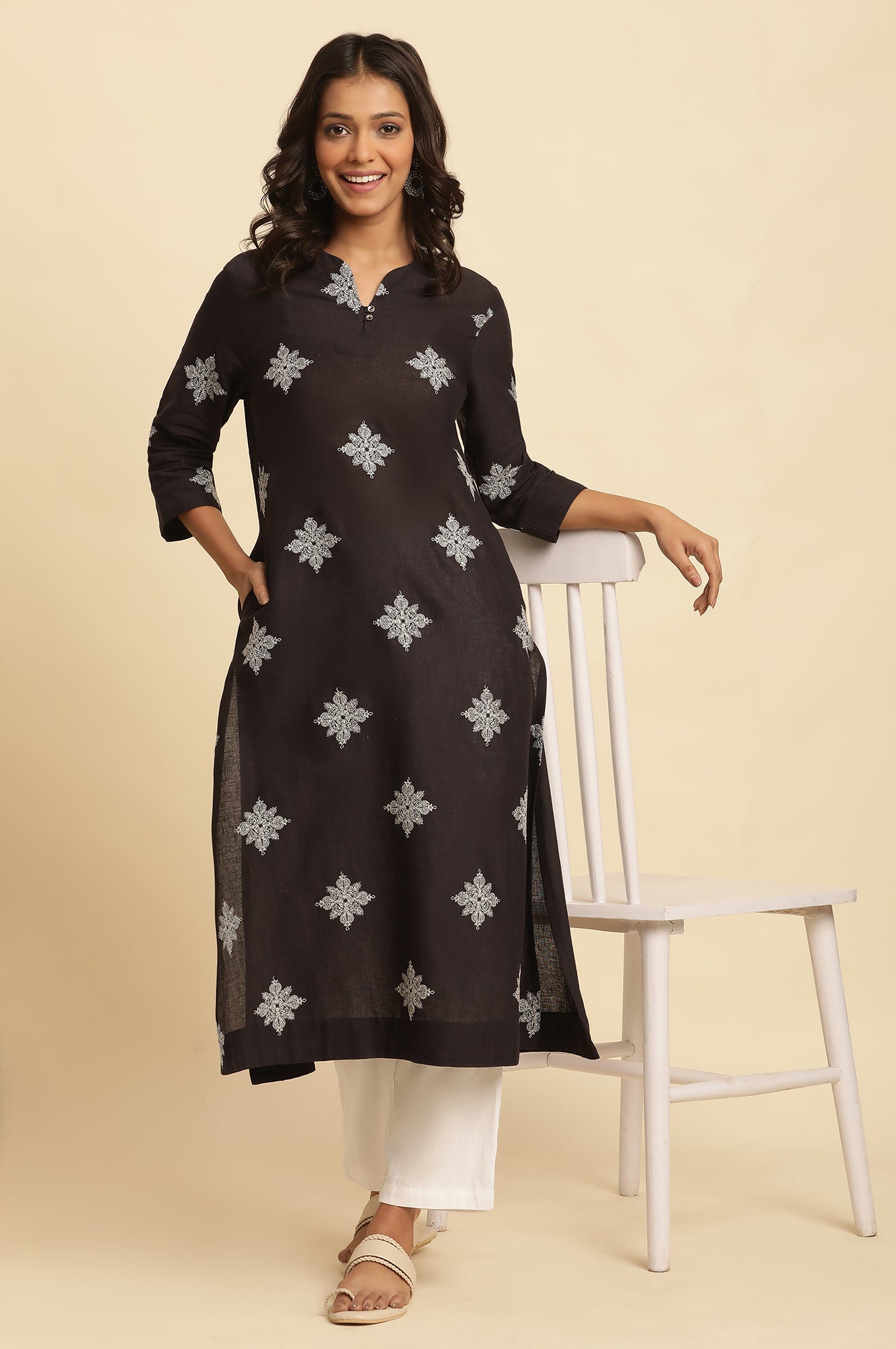 Black Embroidered A-Line Kurta
