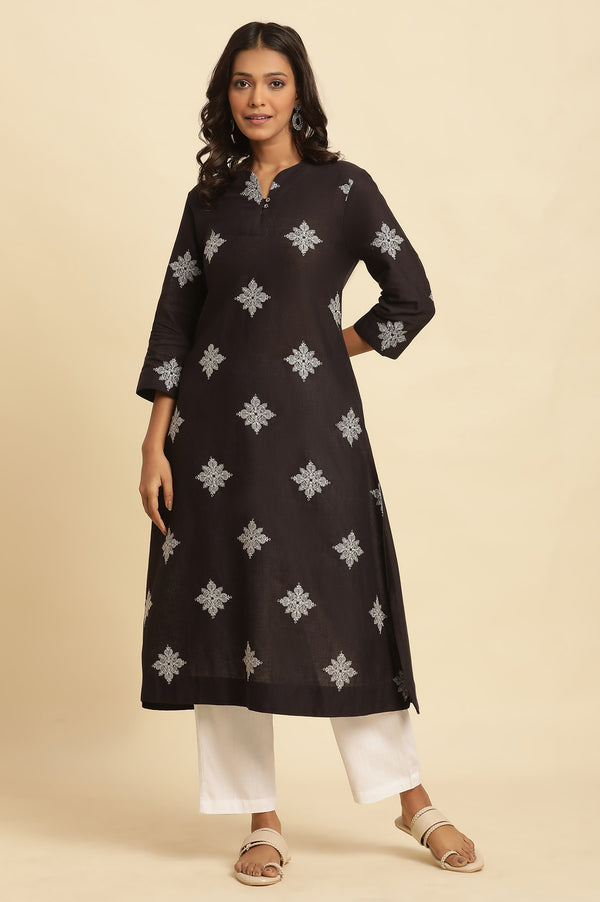 Black Embroidered A-Line Kurta