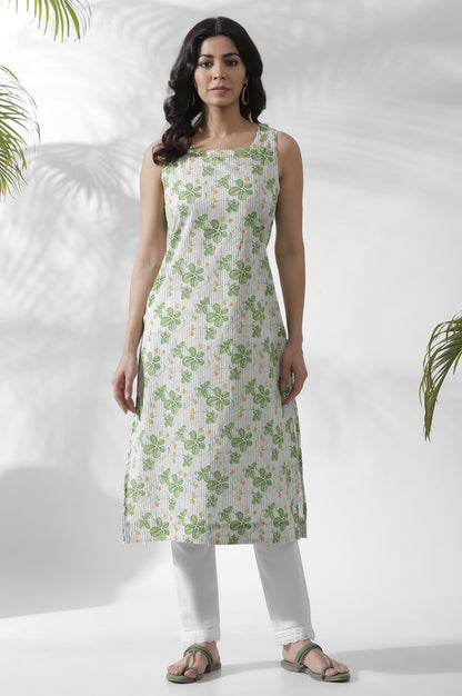 White Floral Printed Sleeveless Cotton Kurta