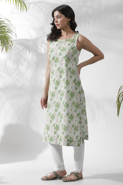 White Floral Printed Sleeveless Cotton Kurta