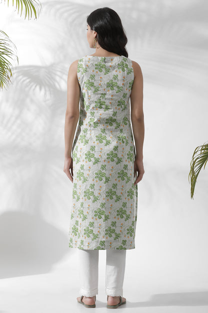 White Floral Printed Sleeveless Cotton Kurta