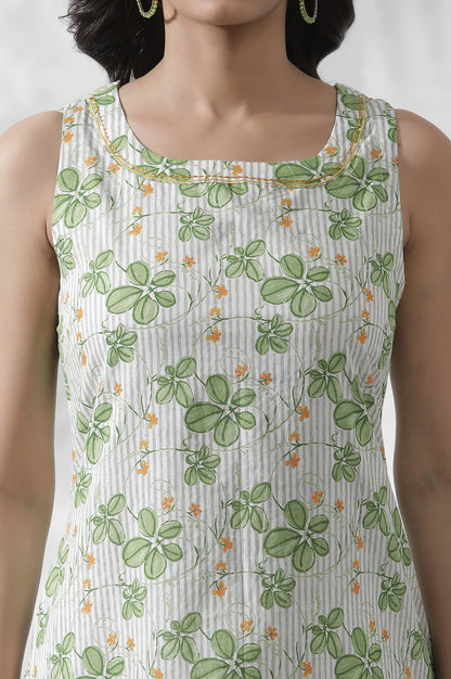White Floral Printed Sleeveless Cotton Kurta