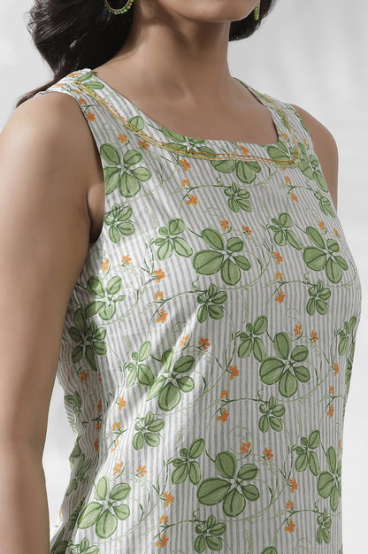 White Floral Printed Sleeveless Cotton Kurta