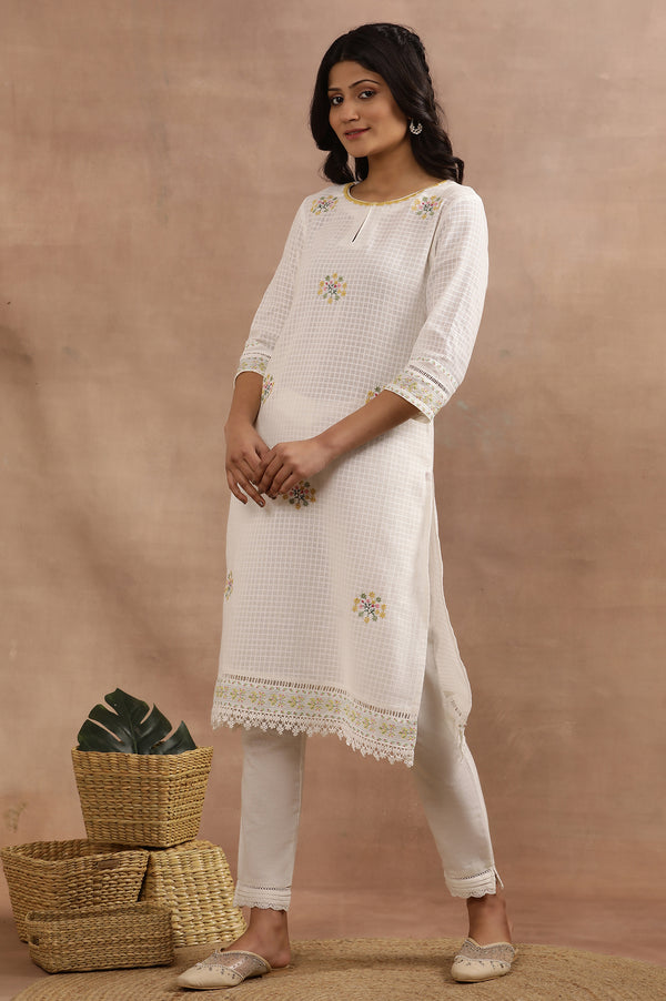 White Cotton Checker Kurta With Floral Embroidery