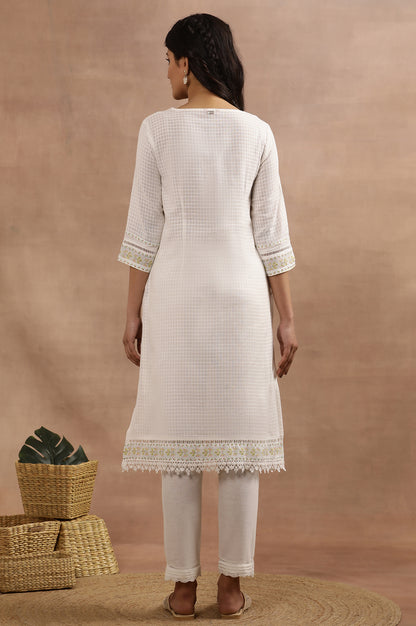 White Cotton Checker Kurta With Floral Embroidery