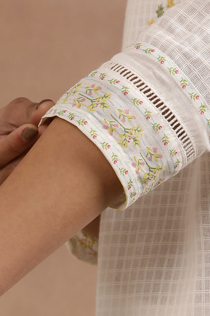 White Cotton Checker Kurta With Floral Embroidery