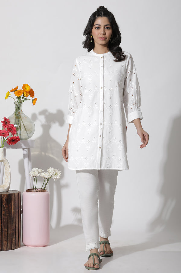 White Schiffli Cotton Short Kurta