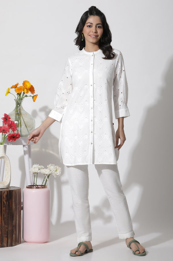 White Schiffli Cotton Short Kurta