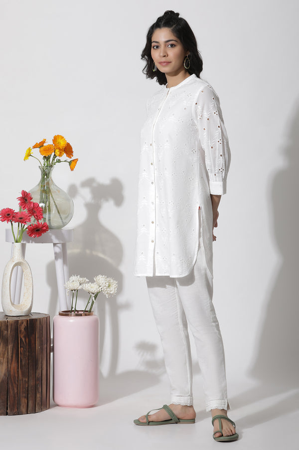 White Schiffli Cotton Short Kurta