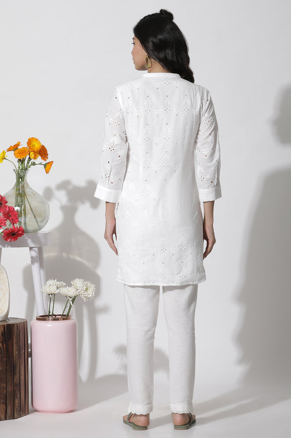 White Schiffli Cotton Short Kurta
