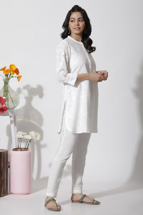 White Schiffli Cotton Short Kurta