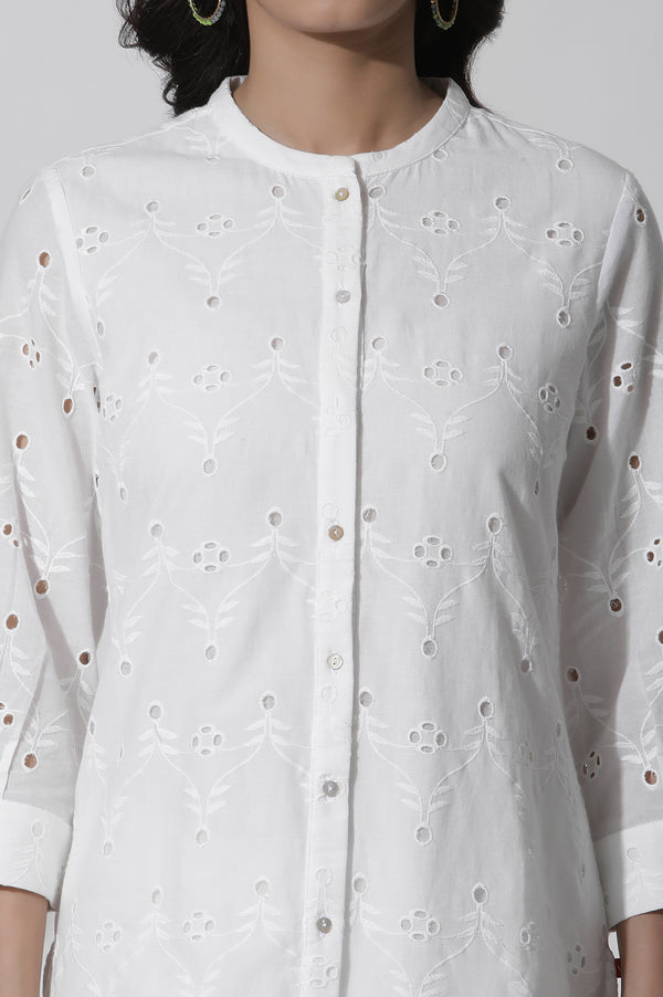 White Schiffli Cotton Short Kurta