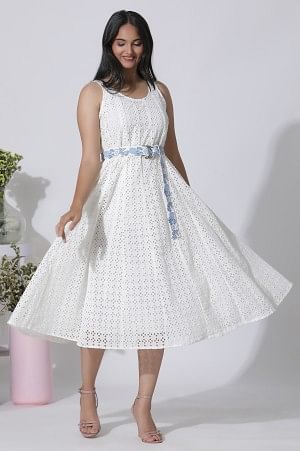 White Schiffli Cotton Flared Dress With Embroidered Belt - XS