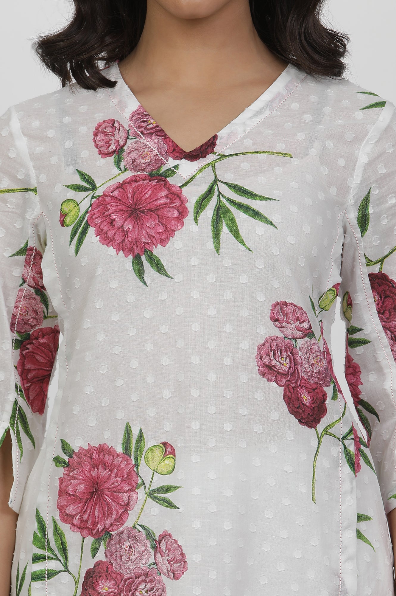 White Floral Printed Thread Work Pure Cotton A-Line Kurta and Slim Pant Set