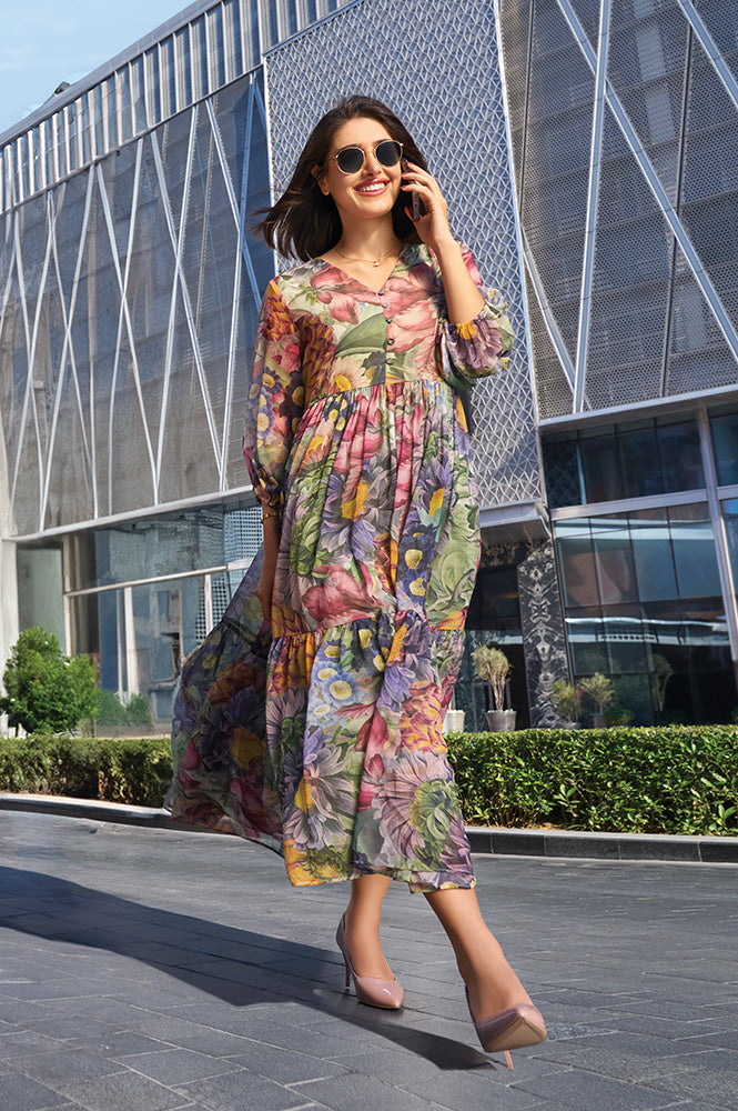 W for Woman Multi-Coloured Floral Printed Tiered Dress
