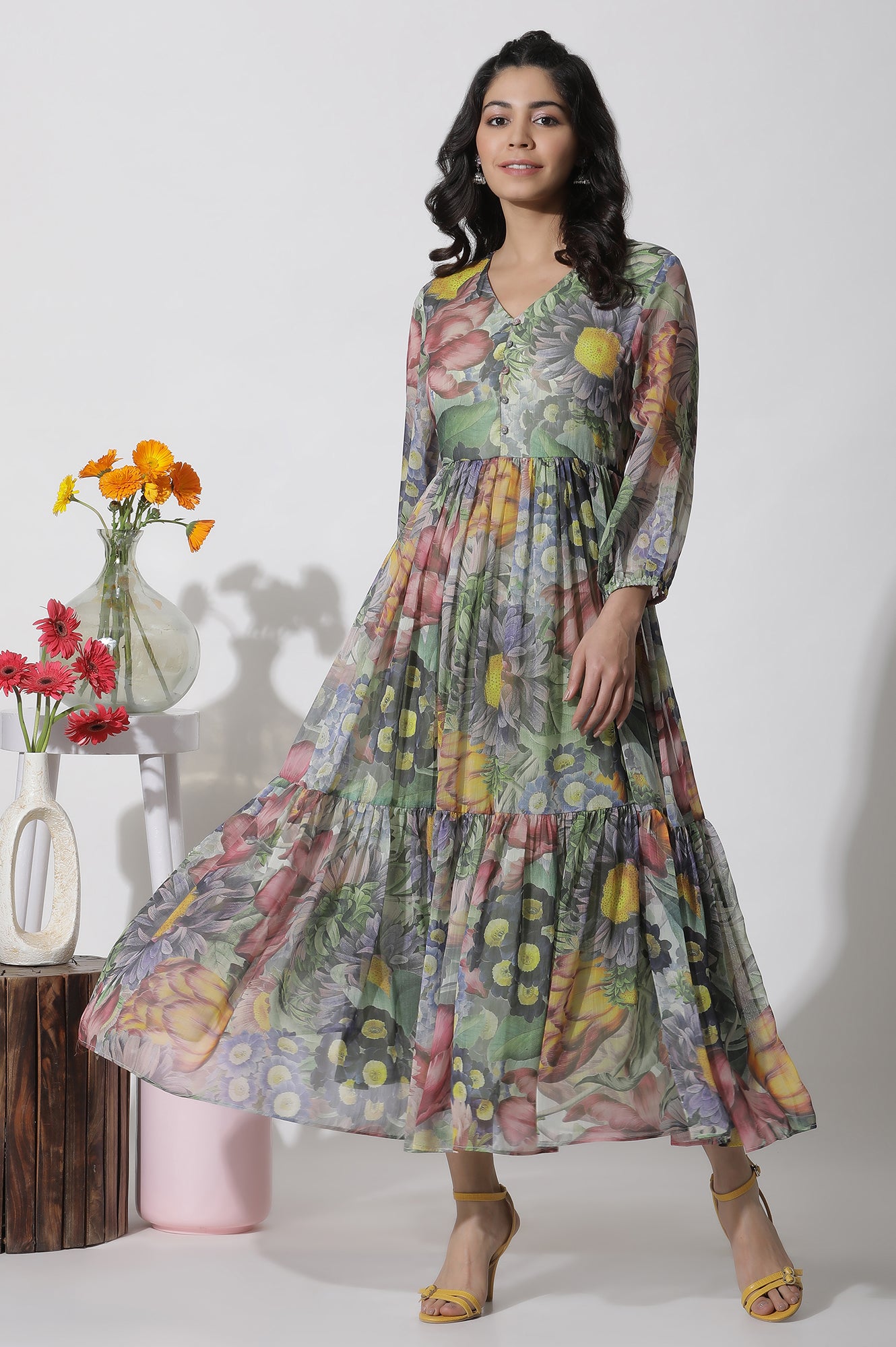 Multi-Coloured Floral Printed Tiered Dress