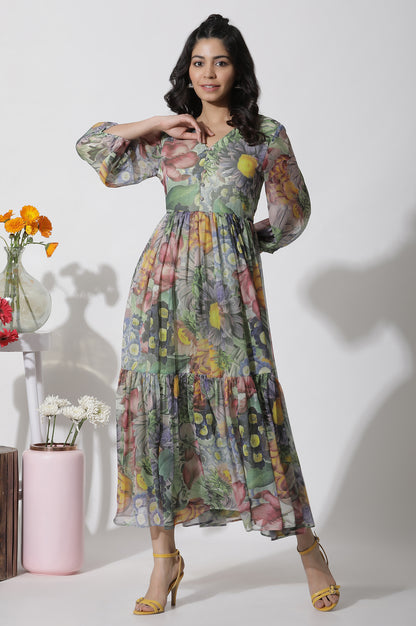 Multi-Coloured Floral Printed Tiered Dress