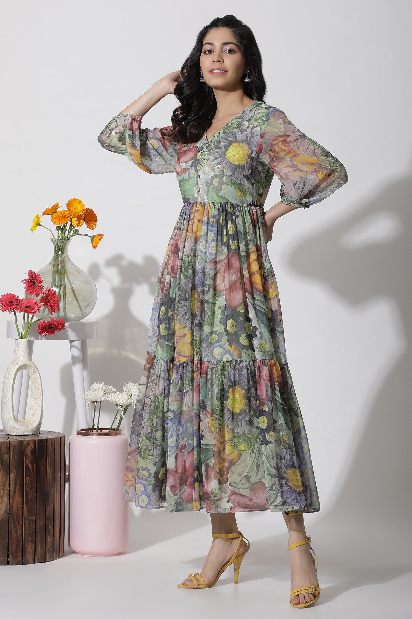 Multi-Coloured Floral Printed Tiered Dress
