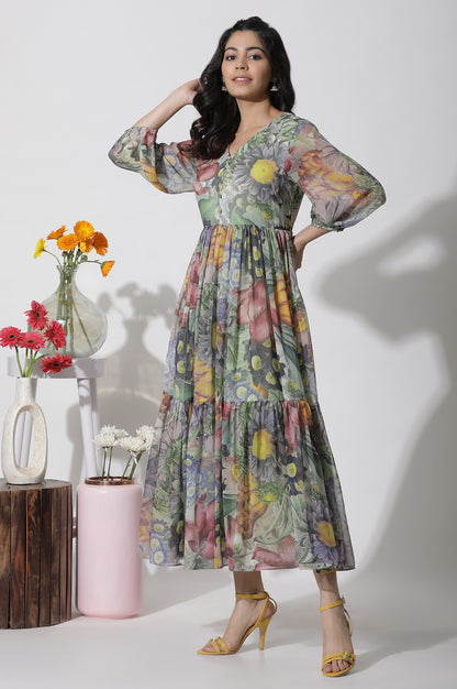Multi-Coloured Floral Printed Tiered Dress