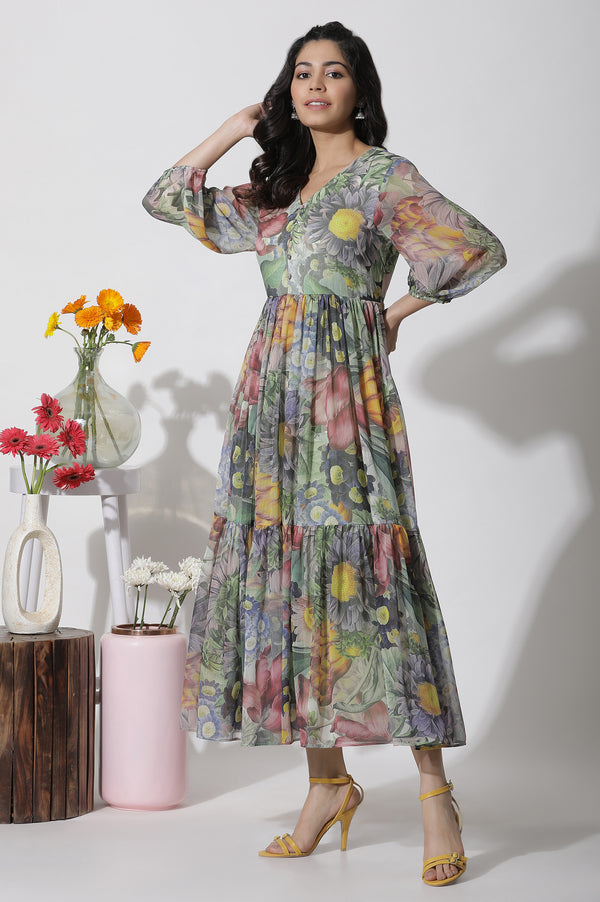 Multi-Coloured Floral Printed Tiered Dress