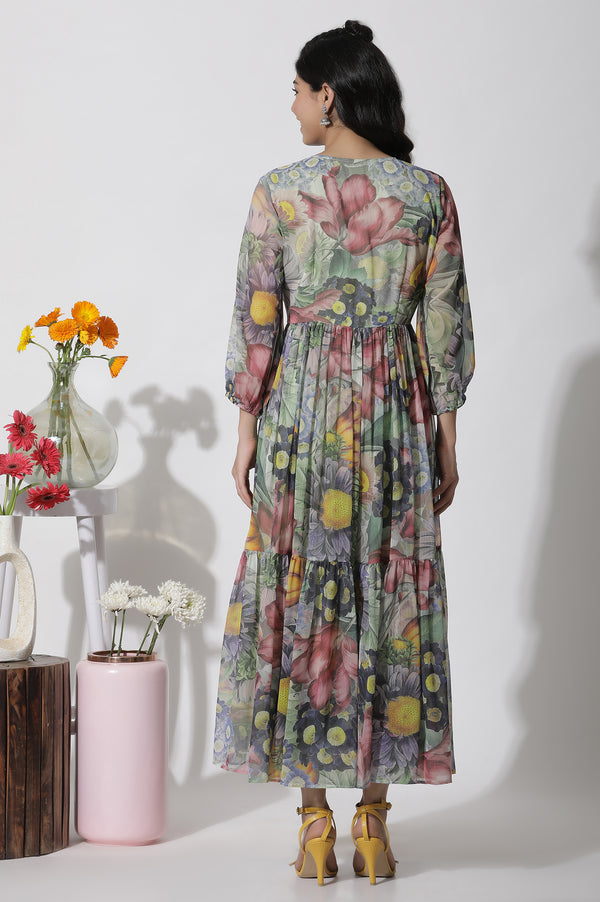 Multi-Coloured Floral Printed Tiered Dress