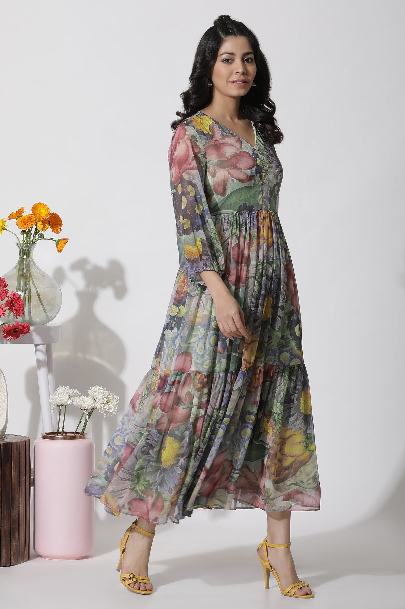 Multi-Coloured Floral Printed Tiered Dress