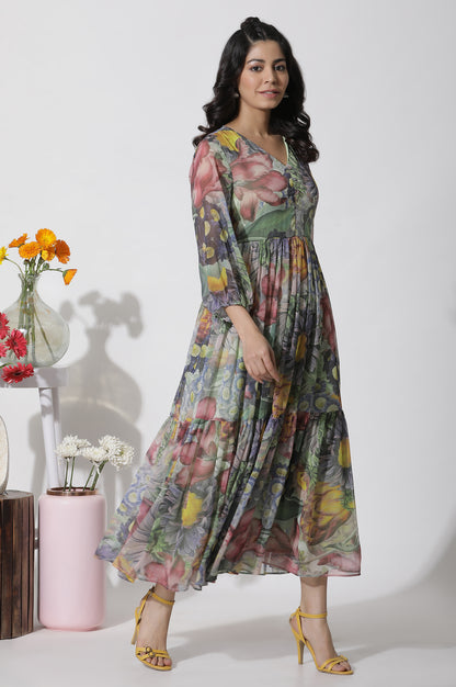Multi-Coloured Floral Printed Tiered Dress
