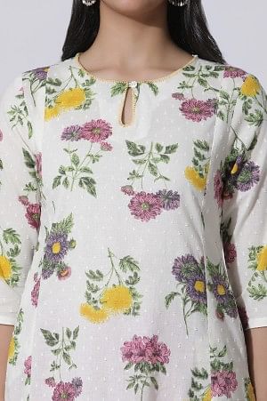 White Floral Printed A-Line Textured Cotton Kurta