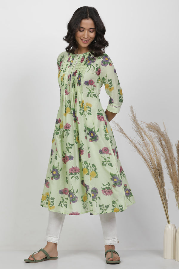 Green Floral Printed Flared Pintuck Kurta