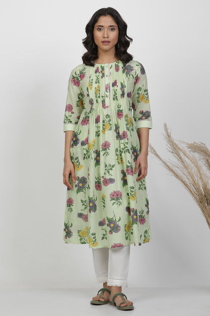 Green Floral Printed Flared Pintuck Kurta