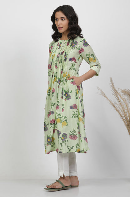 Green Floral Printed Flared Pintuck Kurta