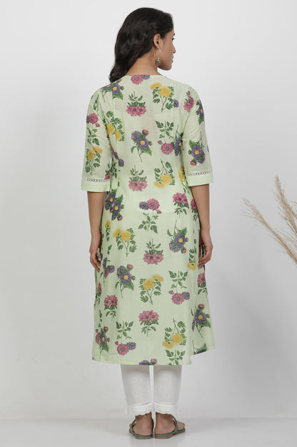 Green Floral Printed Flared Pintuck Kurta