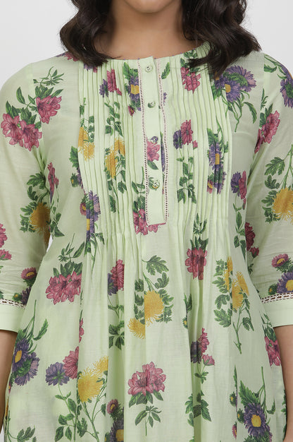 Green Floral Printed Flared Pintuck Kurta