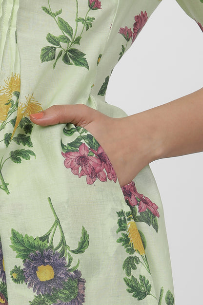 Green Floral Printed Flared Pintuck Kurta