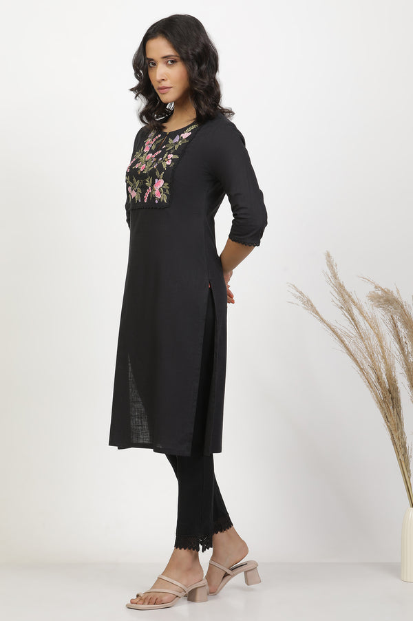 Black Textured Cotton Dobby Embroidered Kurta