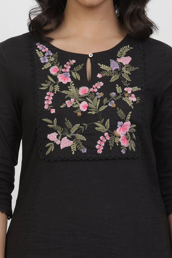 Black Textured Cotton Dobby Embroidered Kurta