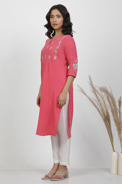 Pink Textured Cotton Embroidered Kurta