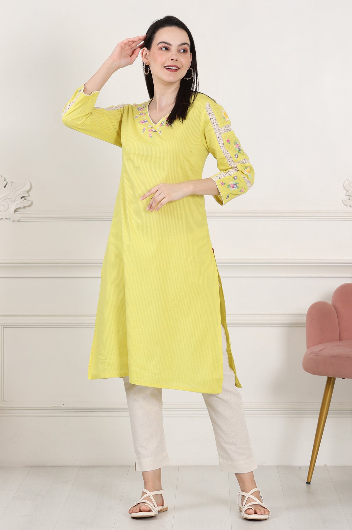 Lemon Yellow Floral Thread Embroidered Pure Cotton Straight Kurta - XS