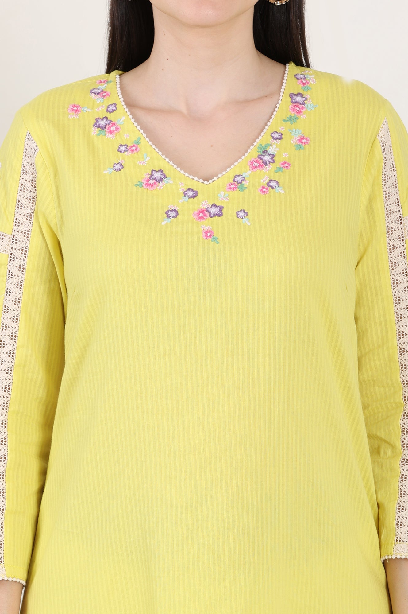 Lemon Yellow Floral Thread Embroidered Pure Cotton Straight Kurta - wforwoman