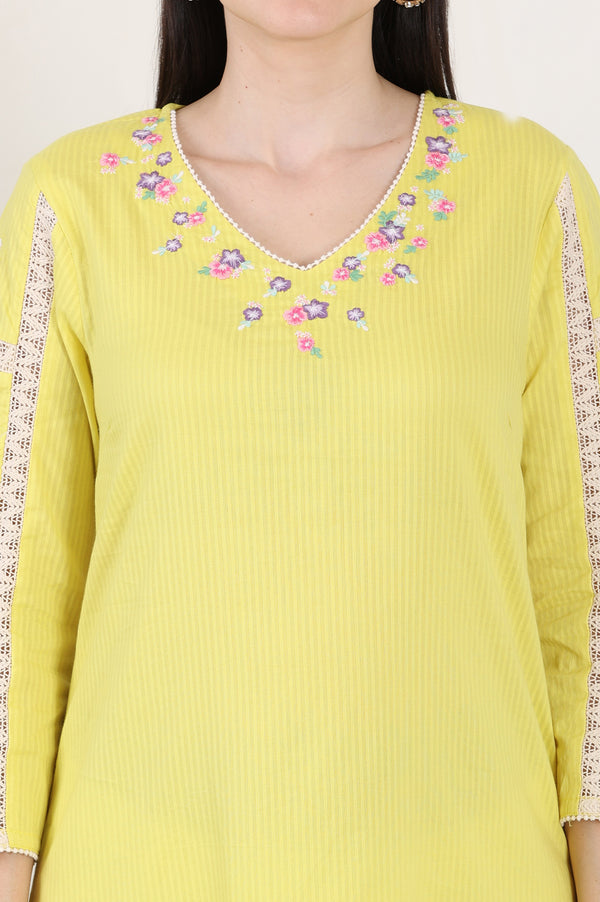 Lemon Yellow Floral Thread Embroidered Pure Cotton Straight Kurta