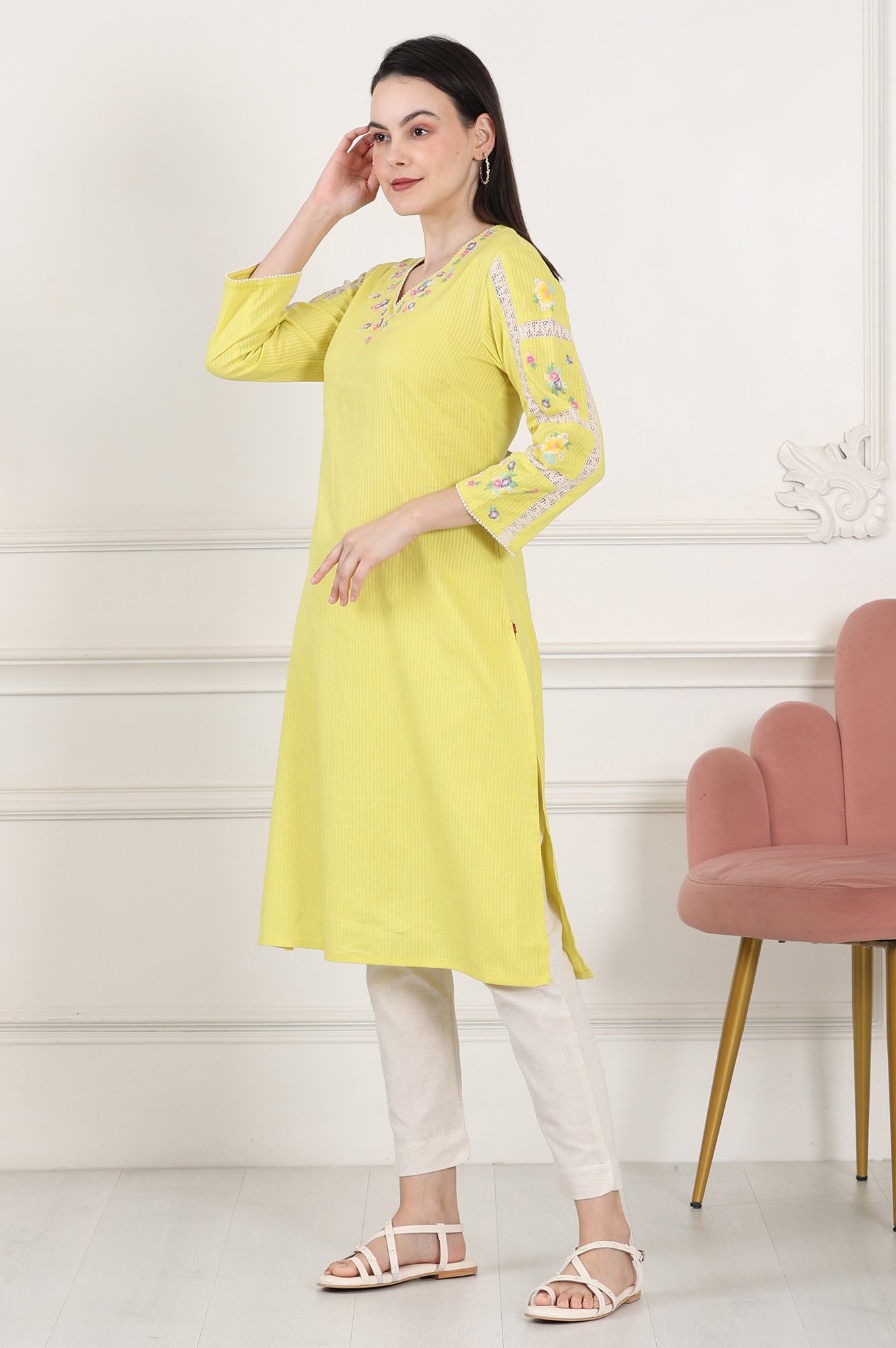 Lemon Yellow Floral Thread Embroidered Pure Cotton Straight Kurta - wforwoman