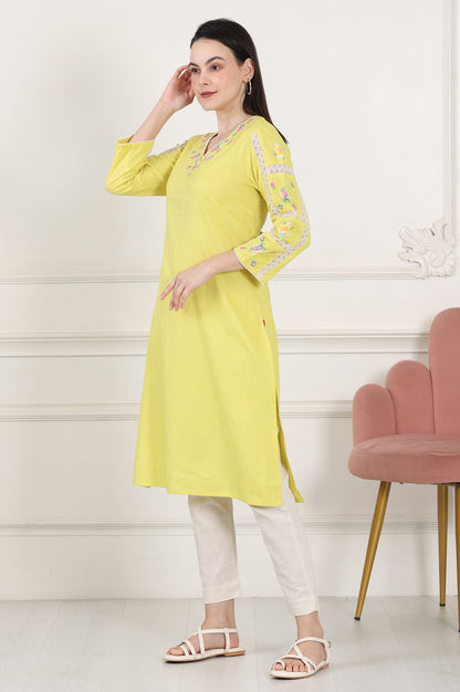Lemon Yellow Floral Thread Embroidered Pure Cotton Straight Kurta - wforwoman